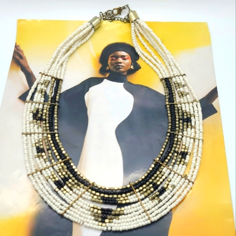 Vintage Layered White Black Gold Beaded Statement Collar Necklace